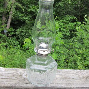 Vintage Oil Lamp Horse & Buggy Carriage Clear Glass with Hurricane Chimney 1960s